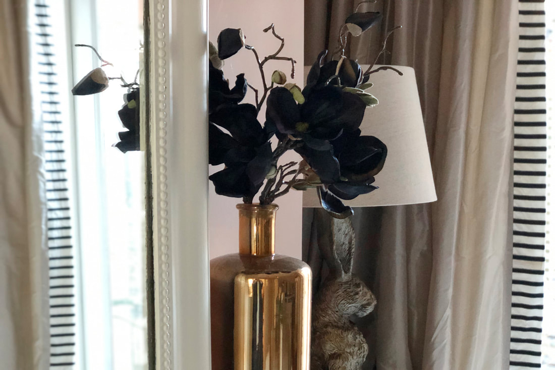 designers guild monochrome stripe, designer black magnolia brass hare lamp bespoke taffeta interlined curtains